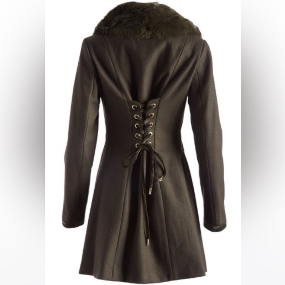 NWT Laundry By Shelli Segal (XS) Forest Green, Faux Fur Collar, Sexy Corset back